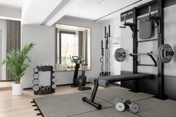 An image of a well-equipped home gym, showcasing various gym equipment.
